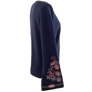 THML Boat Neck Embroidered Bell Sleeve Ribbed Sweater in Black Size XS